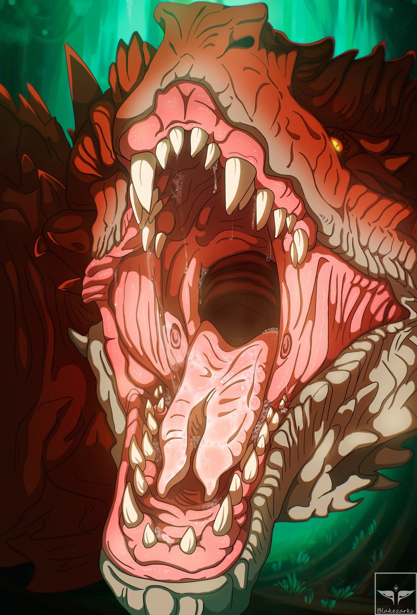 bodily_fluids feral mouth_shot open_mouth pattern_background saliva saliva_on_tongue simple_background solo teeth teeth_showing tongue blakezarks capcom monster_hunter mythology dragon elder_dragon mythological_creature mythological_scalie safi'jiiva scalie absurd_res cel_shading hi_res shaded