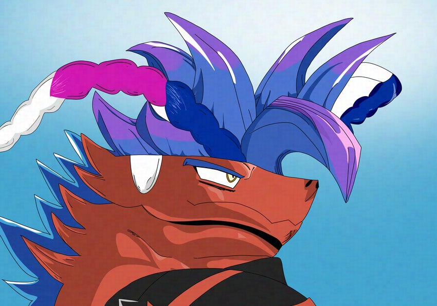 1990s_theme ambiguous_gender anthro blue_hair hair highlights_(coloring) purple_highlights red_body red_scales scales solo tire yellow_sclera genjii dragon_ball dragon_ball_z mythology nintendo pokemon ancient_pokemon apex_build_koraidon dragon generation_9_pokemon koraidon legendary_pokemon mythological_creature mythological_scalie paradox_pokemon pokemon_(species) scalie 2022 absurd_res hi_res