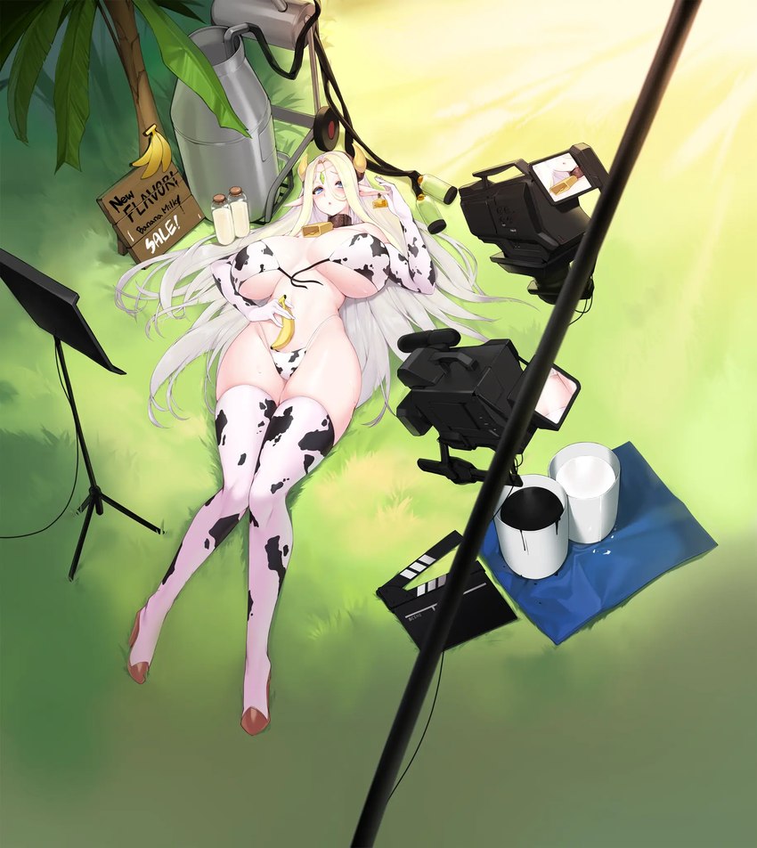 animal_print armwear banana bell big_breasts bikini blonde_hair blue_eyes boots bovid_horn bovine_horn breasts camera circlet cleavage clothed clothing collar cow_horn cow_print cowbell ear_piercing ear_tag elbow_gloves female food footwear fruit game_cg gloves grass hair hair_between_eyes handwear high_heeled_boots high_heels horn huge_breasts humanoid_pointy_ears legwear long_hair long_pointy_ears milk_churn neck_bell official_alternate_costume piercing plant pointy_ears shoes solo swimwear text thigh_boots thigh_highs tree two-piece_swimsuit snowball22 last_origin cerestia_of_life elf humanoid tag_(disambiguation) english_text full-length_portrait hi_res official_art portrait