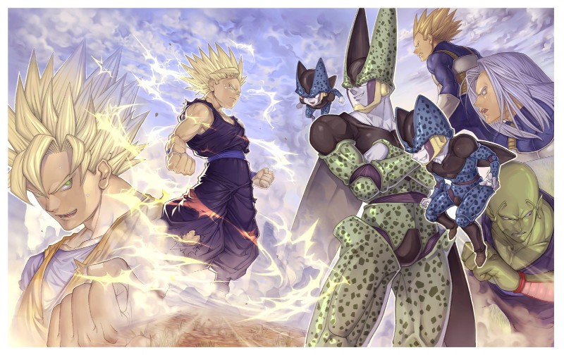 antennae_(anatomy) battle_armor blonde_hair border clothing crossed_arms family fist green_body green_eyes green_skin grin group hair ki_(dragon_ball) male muscular not_furry profile purple_hair silver_hair smile spiky_hair super_saiyan torn_clothing white_border katsutake dragon_ball dragon_ball_z cell_(dragon_ball) cell_jr gohan goku perfect_cell piccolo trunks_(dragon_ball) vegeta alien bio-android_(dragon_ball) human humanoid mammal namekian hi_res father_(lore) parent_(lore) son_(lore)