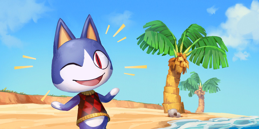 anthro beach blue_body blue_fur clothing cloud day fur grass looking_at_viewer male one_eye_closed open_mouth open_smile outside palm_tree plant red_eyes rock sand seaside smile solo tongue tree water wink nikogeyer animal_crossing nintendo rover_(animal_crossing) domestic_cat felid feline felis mammal 2020 2:1 hi_res