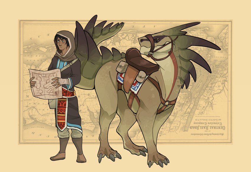 biped bridle claws clothed clothing duo female feral fingers hair map mount paws quadruped reins saddle tail aevris mythology biryani_(aevris) sayah_(aevris) dragon human mammal mythological_creature mythological_scalie scalie absurd_res hi_res