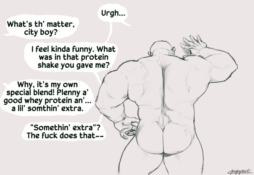 back_muscles butt dialogue human_only male muscular muscular_male not_furry nude offscreen_character profanity rear_view simple_background solo speech_bubble text transformation papyreit human mammal english_text hi_res