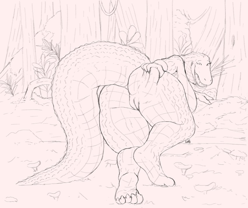 anthro big_butt big_tail breasts butt butt_grab detailed_background eyelashes female forest genitals hand_on_butt hand_on_own_butt huge_butt huge_tail huge_thighs inviting kneeling long_tail looking_at_viewer non-mammal_breasts nude nude_anthro nude_female obese open_mouth open_smile outside overweight plant plantigrade presenting presenting_hindquarters presenting_pussy pussy rear_view scales scaly_tail smile solo spread_butt spreading tail tail_aside thick_tail thick_thighs tree mcdoogiy olivia_(doctordj) alligator alligatorid crocodilian reptile scalie 2023 absurd_res black_and_white digital_drawing_(artwork) digital_media_(artwork) full-length_portrait hi_res monochrome portrait signature sketch