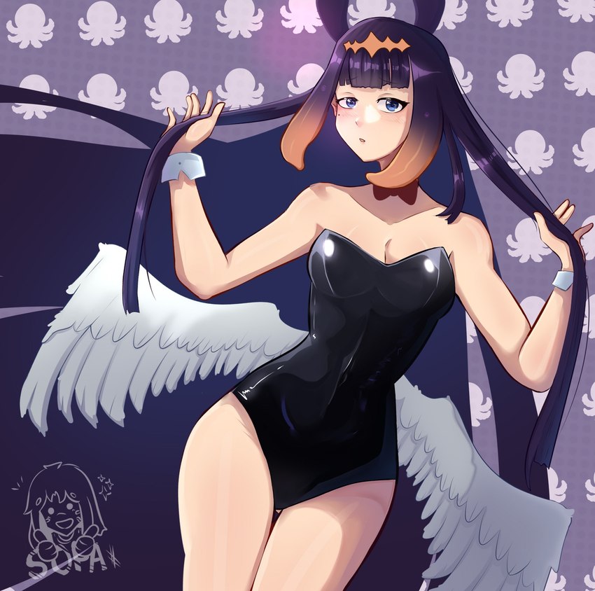 blue_eyes bow_tie breasts bunny_costume cleavage clothed clothing costume eyelashes feathered_wings feathers female hair latex latex_clothing light_body light_skin long_hair markings mole_(marking) mole_under_eye pattern_background purple_hair simple_background small_waist solo wings sopa-chan hololive hololive_en vtuber ninomae_ina'nis animal_humanoid cephalopod cephalopod_humanoid humanoid marine marine_humanoid mollusk mollusk_humanoid winged_humanoid 2023 digital_drawing_(artwork) digital_media_(artwork) hi_res watermark