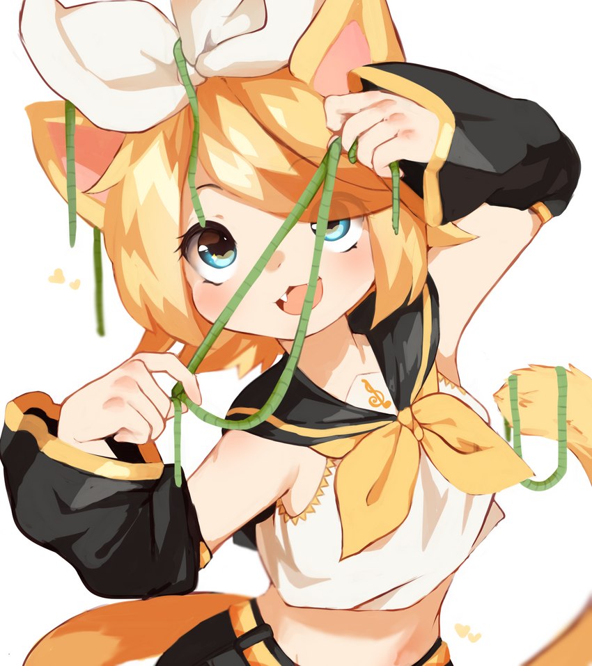 :3 accessory armwear blonde_hair blue_eyes bow_(feature) bow_accessory bow_ribbon centered_hair_bow clothing cute_fangs detached_sleeves fangs female hair hair_accessory hair_bow hair_ribbon midriff open_mouth ribbons simple_background solo teeth white_background yarn skeet_(artist) kagamine_rin animal_humanoid cat_humanoid felid felid_humanoid feline feline_humanoid humanoid mammal mammal_humanoid absurd_res hi_res