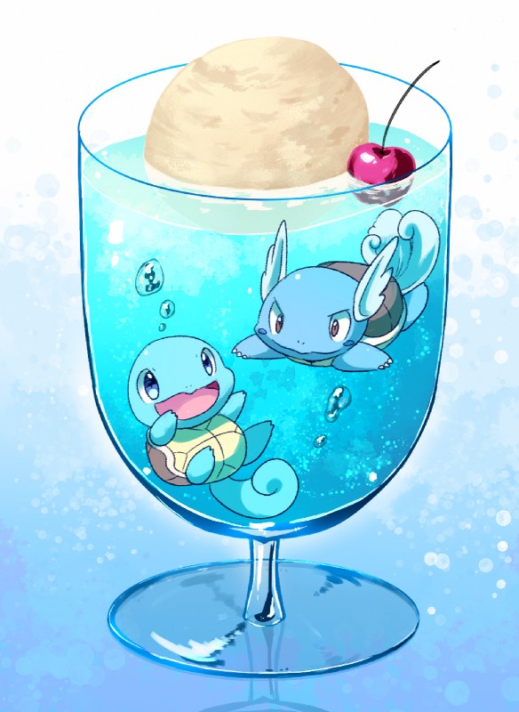 ambiguous_gender blue_background blue_eyes brown_eyes bubble cherry dessert duo food fruit glass gradient_background ice_cream kemono looking_up open_mouth plant simple_background smile swimming underwater water white_background kemoribbon nintendo pokemon generation_1_pokemon pokemon_(species) squirtle wartortle full-length_portrait hi_res portrait