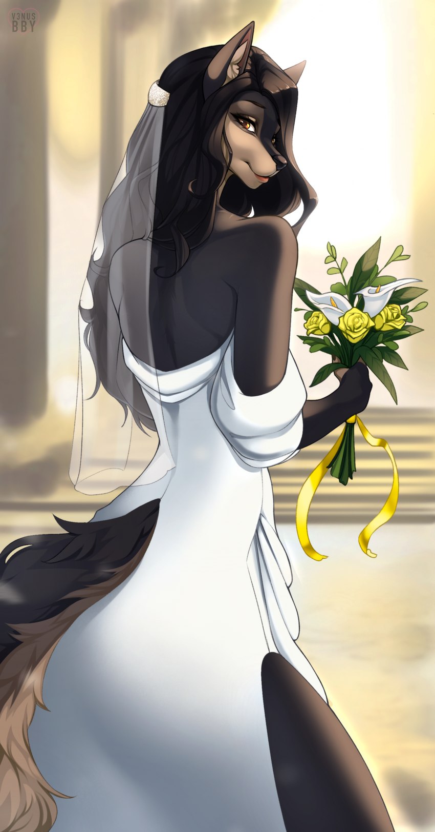 anthro black_hair bouqet bouquet bride ceremony clothed clothing dress eyebrows eyelashes female flower hair holding_bouquet holding_flower holding_object long_hair plant smile snout solo wedding wedding_dress wedding_veil white_clothing white_dress v3nusbby amela_(esperlin) canid canine canis mammal wolf 2024 absurd_res digital_media_(artwork) hi_res shaded