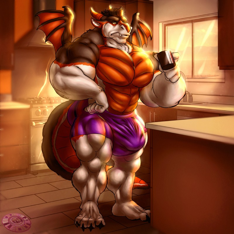 anthro beverage big_muscles big_penis coffee genitals huge_muscles huge_penis male morning muscular muscular_anthro muscular_male penis solo tail modem_redpill mythology arthro dragon mythological_creature mythological_scalie scalie 1:1 hi_res