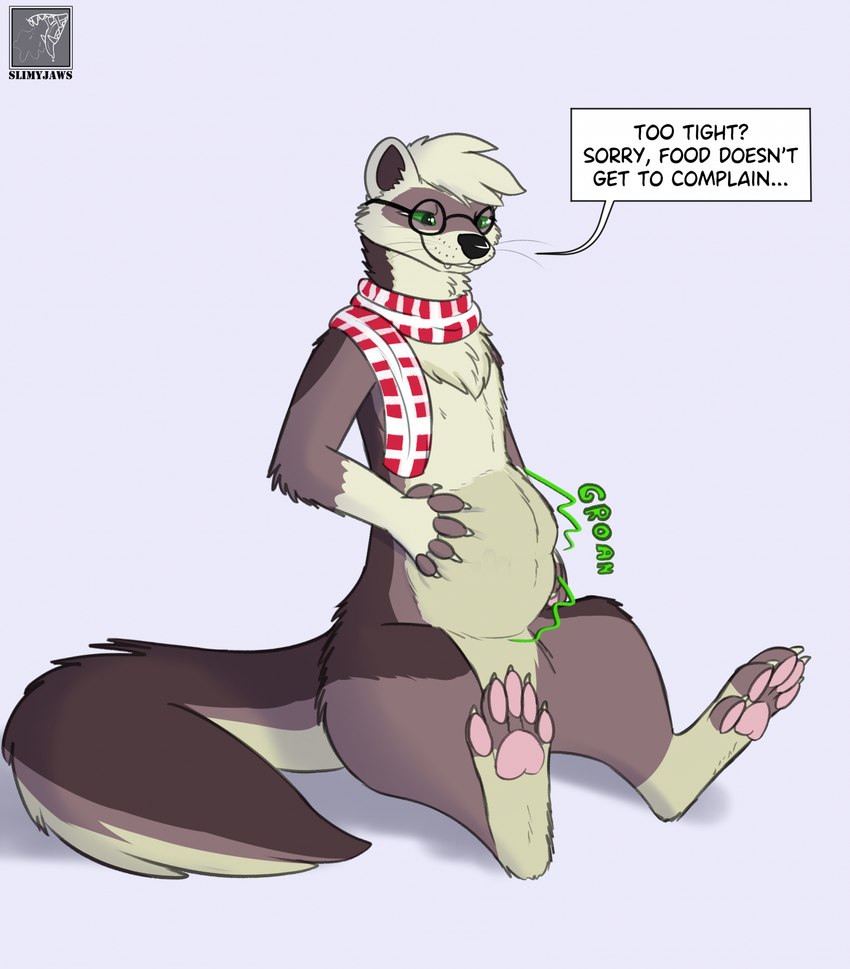 abdominal_bulge after_vore ambiguous_gender anthro eyewear fluffy glasses green_eyes hand_on_belly oral_vore scarf simple_background sitting solo tail talking_to_prey text vore slimyjaws milo_(slimyjaws) domestic_ferret mammal mustelid musteline true_musteline weasel english_text hi_res nonbinary_(lore)