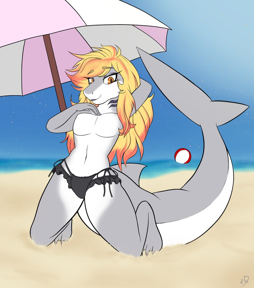 anthro ball beach beach_ball bedroom_eyes bikini bikini_bottom blonde_hair blue_sky clothing femboy feminine grey_body hair hand_behind_head hand_on_chest highlights_(coloring) inflatable light lips male narrowed_eyes orange_eyes orange_highlights sand sea seductive shark_tail sky smug smug_expression smug_face smug_grin solo sun sunlight swimwear tail thick_tail thick_thighs two-piece_swimsuit umbrella water white_body caramelfox leon_the_great_white_shark fish marine shark absurd_res hi_res