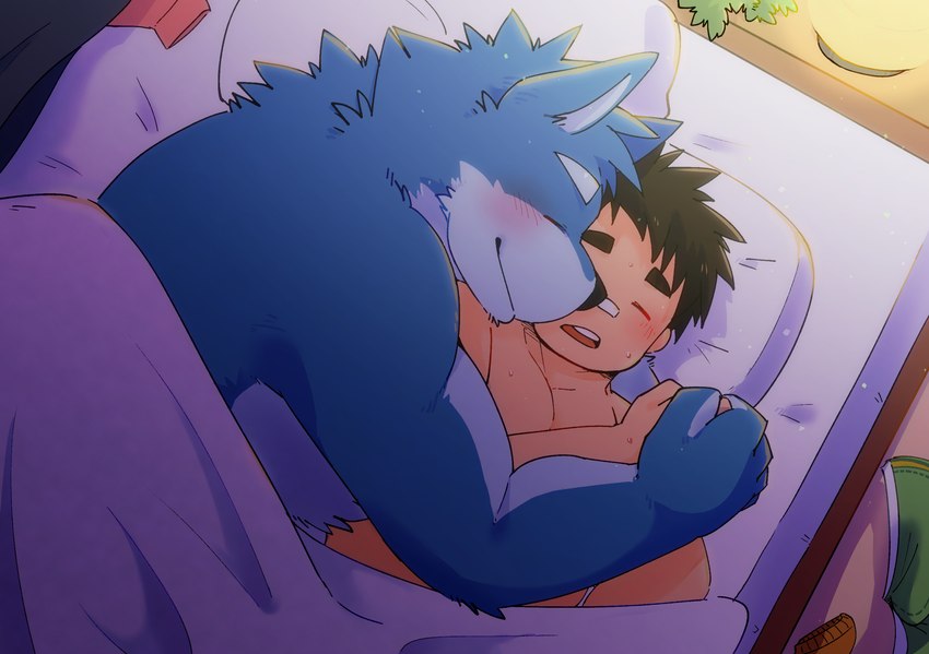 anthro bed black_nose blush detailed_background duo eyes_closed furniture human_on_anthro humanoid_hands interspecies kemono lying male male/male green_bell canid canine canis domestic_dog human mammal 2023 hi_res