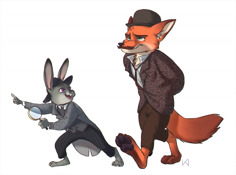 anthro buckteeth clothing detective duo facial_hair female fur grey_body grey_fur hat headgear headwear long_ears male mustache orange_body orange_fur size_difference teeth vetrofroza disney zootopia judy_hopps nick_wilde sherlock_holmes canid canine fox lagomorph leporid mammal rabbit red_fox true_fox