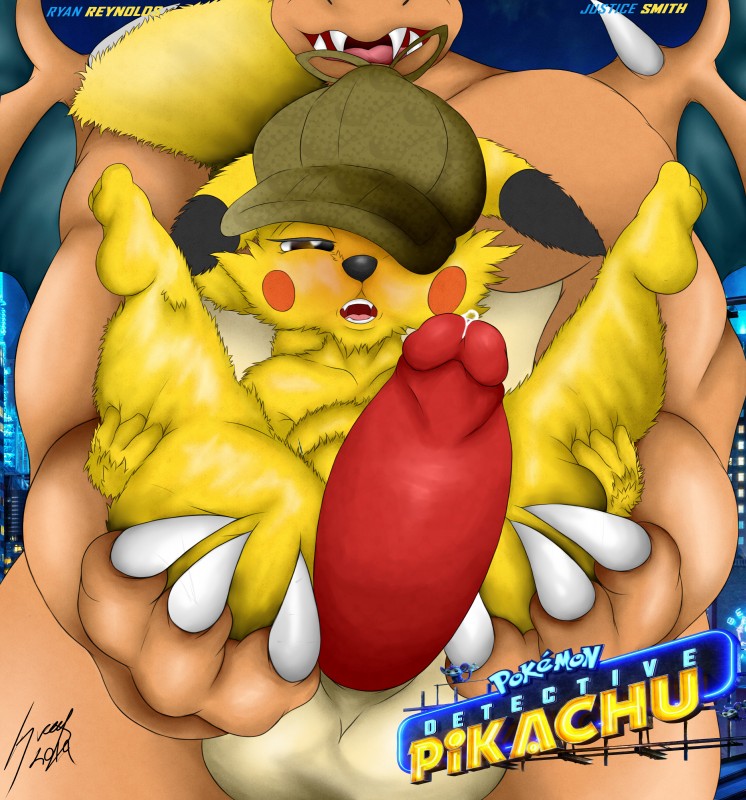 anthro balls big_penis clothing duo erection fur genitals hat headgear headwear humanoid_genitalia humanoid_penis interspecies larger_male male male/male penis size_difference smaller_male smile text yellow_body yellow_fur greey nintendo pokemon pokemon_detective_pikachu detective_pikachu charizard generation_1_pokemon pikachu pokemon_(species) 2019 absurd_res digital_media_(artwork) english_text hi_res signature