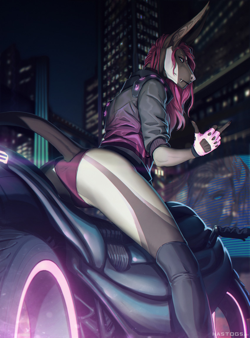 anthro butt city cityscape clothing fangs female fingerless_gloves futuristic gesture gloves hair hand_gesture handwear highlights_(coloring) long_hair middle_finger motorcycle panties science_fiction solo teeth underwear vehicle hastogs indominusssd jaquora_(indominusssd) acrador canid canine canis jackal mammal absurd_res hi_res