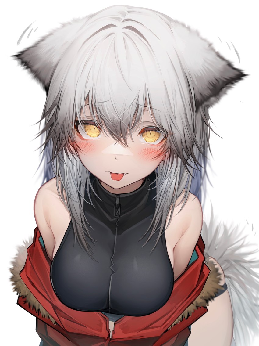 blep blush breasts female female_humanoid fluffy fur grey_body grey_fur grey_hair hair half-closed_eyes looking_at_viewer narrowed_eyes solo tail tongue tongue_out yellow_eyes tabhead arknights hypergryph studio_montagne projekt_red_(arknights) animal_humanoid canid canid_humanoid canine canine_humanoid humanoid mammal mammal_humanoid wolf_humanoid 2022 absurd_res digital_media_(artwork) hi_res translated_description