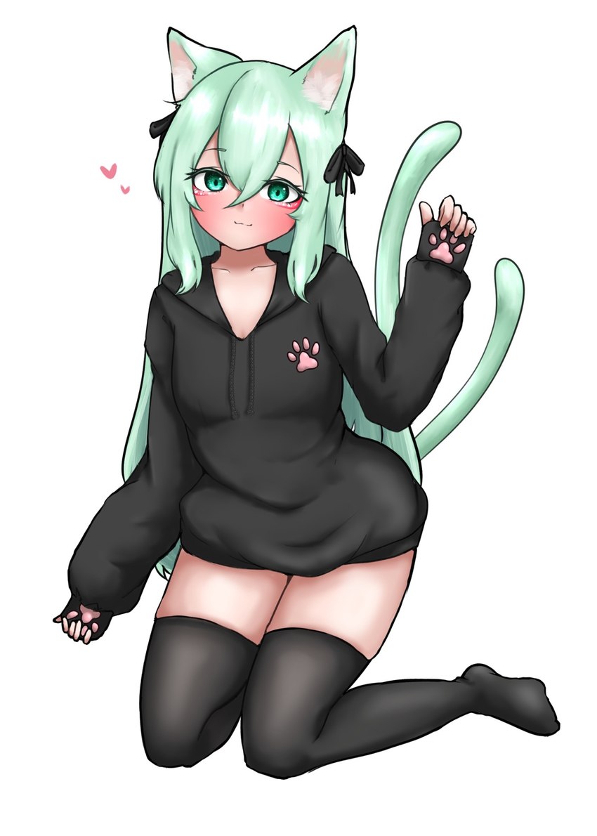 2_tails black_clothing black_hoodie black_legwear black_stockings black_topwear blush clothing female green_eyes green_hair hair hoodie inner_ear_fluff legwear looking_at_viewer multi_tail ribbon_in_hair simple_background smile solo stockings tail topwear tuft white_background vuaisu animal_humanoid cat_humanoid felid felid_humanoid feline feline_humanoid humanoid mammal mammal_humanoid 2022 digital_media_(artwork) hi_res