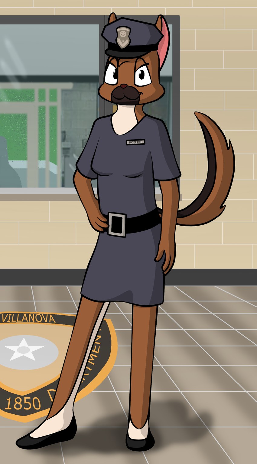 anthro clothing female police police_badge police_hat police_officer police_station police_uniform solo uniform lucyhaupdarsteller canid canine canis domestic_dog herding_dog mammal pastoral_dog absurd_res hi_res