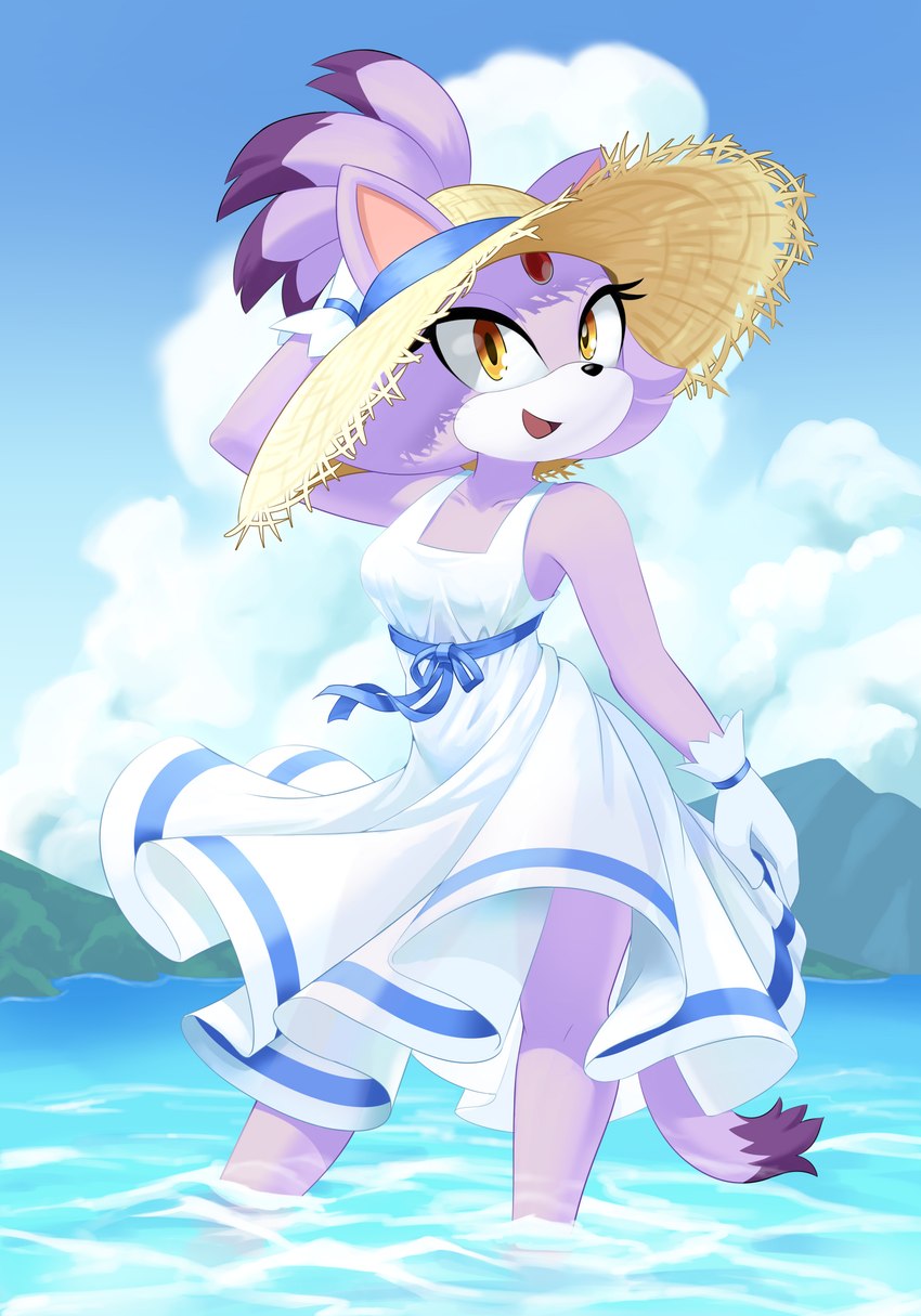 amber_eyes anthro black_nose blue_sky clothed clothing cloud dress eyelashes female fingers forehead_gem gem gloves hair handwear hat headgear headwear looking_at_viewer mountain open_mouth open_smile partially_submerged purple_hair sky smile solo straw_hat sundress tail water white_clothing white_dress white_gloves white_handwear dstears sega sonic_the_hedgehog_(series) blaze_the_cat domestic_cat felid feline felis mammal 2023 absurd_res hi_res