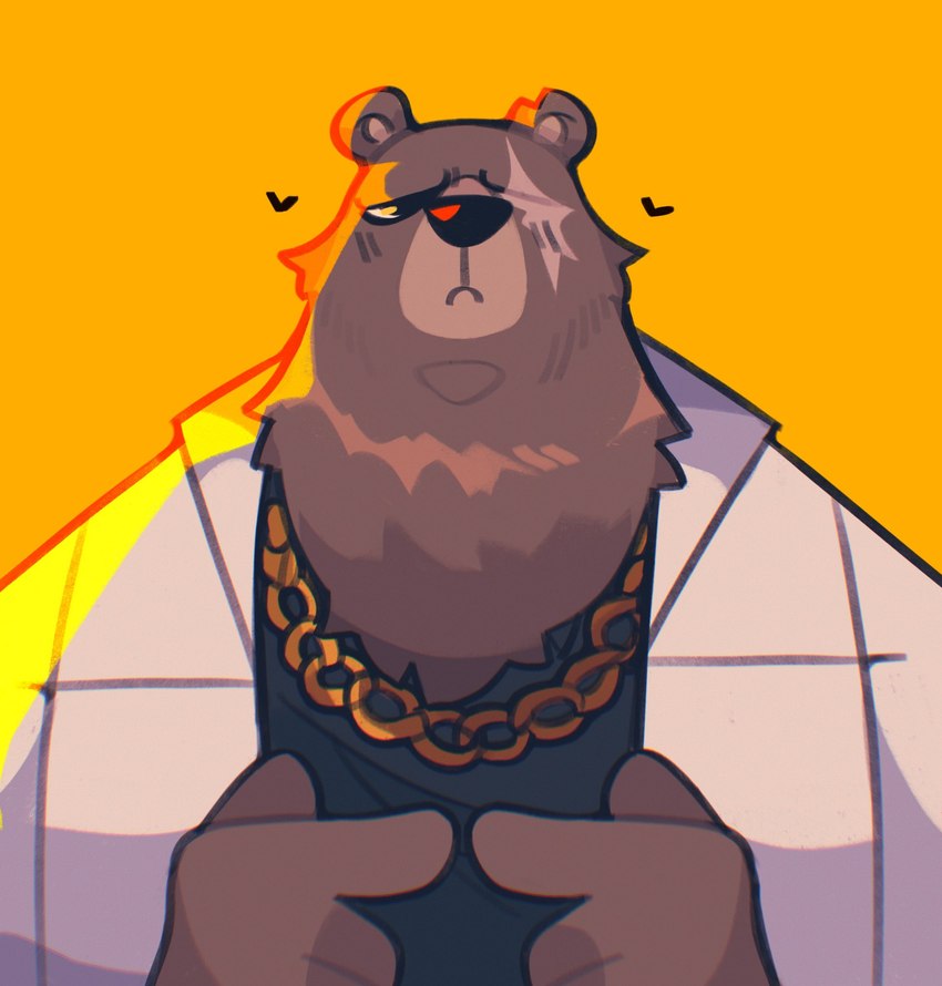 anthro blush brown_body brown_fur embarrassed facial_scar fur heart_symbol jewelry male missing_eye necklace scar shy solo scraffyraccoon mihoyo zenless_zone_zero ben_bigger bear mammal hi_res