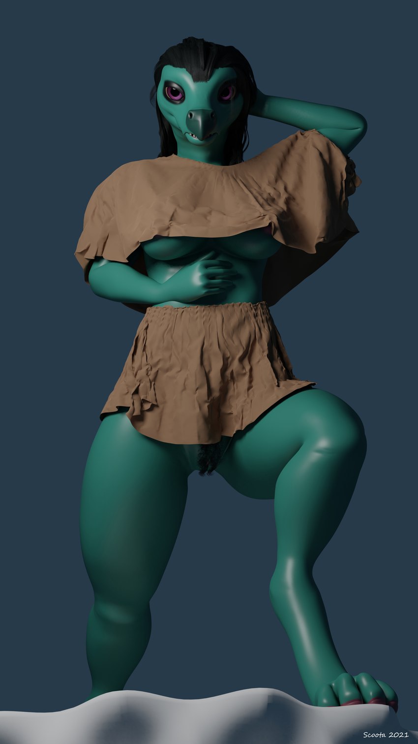 anthro areola areola_slip breasts clothed clothing exposed exposed_breasts female hair hand_behind_head high-waist_skirt looking_at_viewer nipple_outline no_bra pubes purple_eyes solo under_boob scoota ceylidh_(scoota) dracanine 3d_(artwork) 4k 9:16 absurd_res blender_(artwork) digital_media_(artwork) hi_res