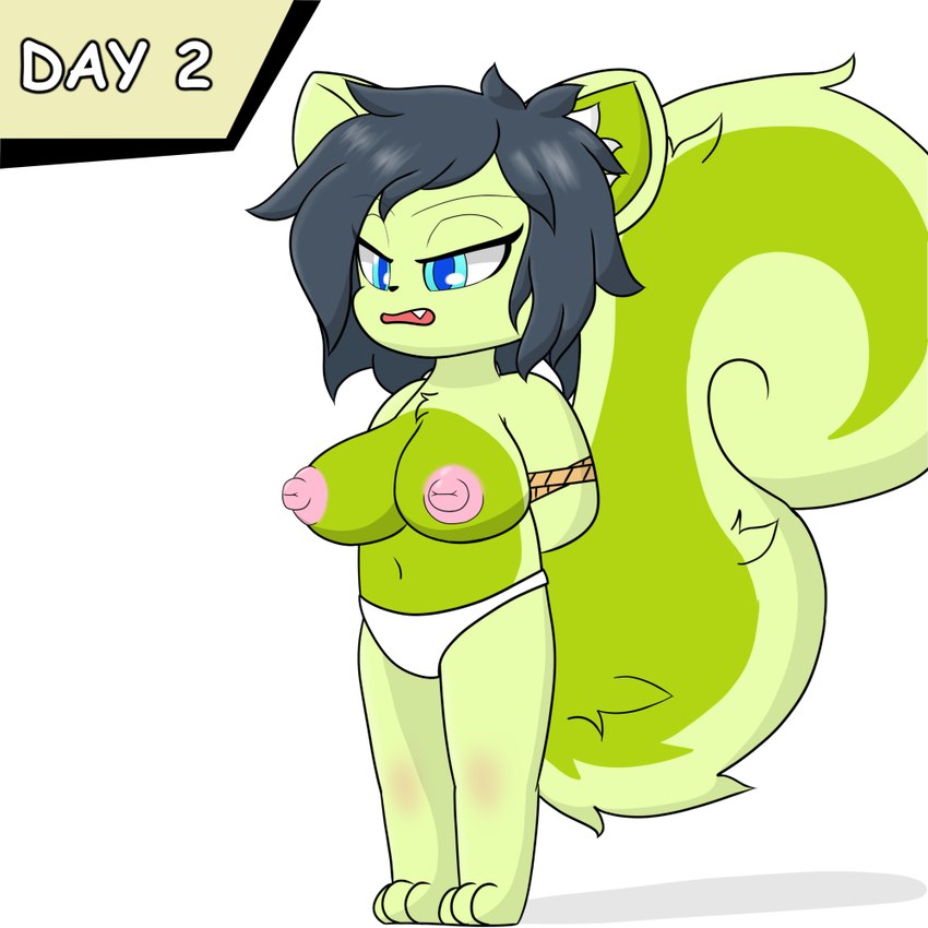 anthro big_breasts big_nipples black_hair blue_eyes breasts clothing female fur green_body green_fur hair nipples panties rope solo tail underwear white_clothing white_panties white_underwear young young_anthro young_female milkis2000 mammal rodent sciurid tree_squirrel 1:1