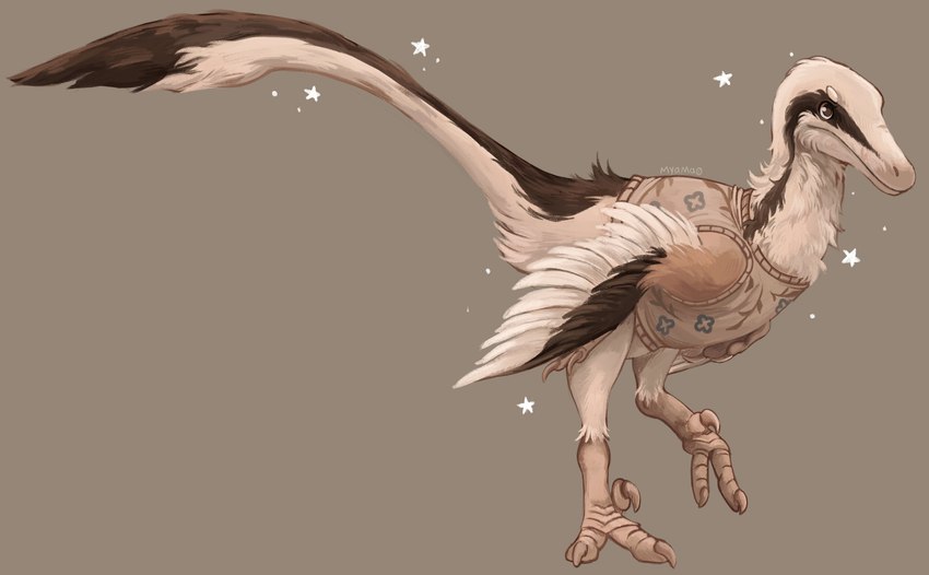 ambiguous_gender arm_feathers brown_body brown_feathers claws clothed clothing feathers feral one_foot_up partially_clothed sickle_claw simple_background solo sparkles sweater sweater_vest tail tail_feathers toe_claws topwear vest white_body white_feathers myamaa0 austroraptor dinosaur dromaeosaurid prehistoric_species reptile scalie theropod absurd_res full-length_portrait hi_res portrait