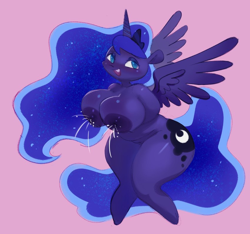 anthro anthrofied big_breasts blue_body blue_eyes blue_feathers blue_hair bodily_fluids breasts ethereal_hair feathered_wings feathers female hair horn lactating nipples nude solo thick_thighs wings bulveetox friendship_is_magic hasbro my_little_pony mythology princess_luna_(mlp) equid equine mammal mythological_creature mythological_equine winged_unicorn absurd_res hi_res