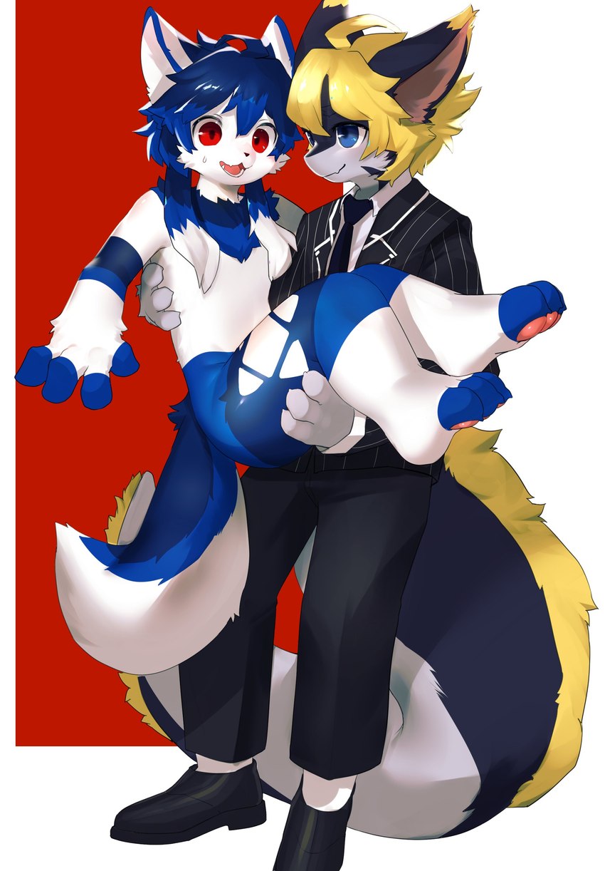 anthro black_clothing black_suit blonde_hair blue_body blue_fur bodily_fluids carrying_another carrying_partner clothing duo fur hair male male/male multicolored_body multicolored_fur red_eyes suit suit_and_tie sweat sweatdrop white_body white_fur min_furry canid canine fox mammal absurd_res hi_res