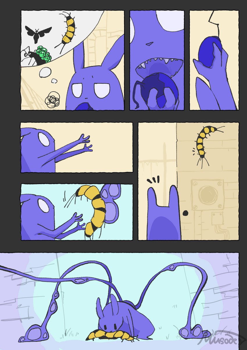 3_fingers all_fours ambiguous_gender back_tentacles biped black_border blue_body blue_ears blue_fruit_(rain_world) blue_fur blue_tentacles border building day detailed_background duo eating emanata empty_eyes fangs feral fingers food fruit fur holding_food holding_fruit holding_object kemono looking_at_another monotone_body monotone_fur open_mouth outside plant semi-anthro solo_focus standing teeth tentacles thought_bubble white_eyes misoden_(artist) rain_world videocult arthropod batfly_(rain_world) centipede centipede_(rain_world) daddy_long_legs_(rain_world) hybrid mammal myriapod slugcat 2023 absurd_res colored comic digital_media_(artwork) hi_res pictographics right_to_left shaded signature