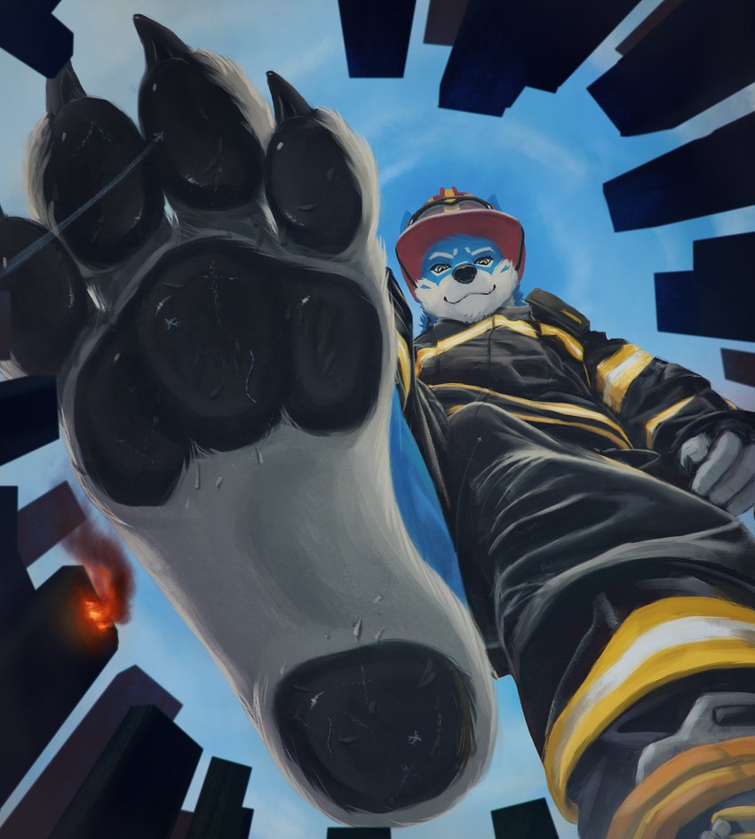 4_toes anthro armor barefoot black_claws black_pawpads building bulge city_destruction claws clothing destruction feet firefighter firefighter_helmet firefighter_uniform foot_fetish foot_focus fur headgear helmet low-angle_view macro male pawpads paws soles solo stomping_viewer toe_claws toes underpaw uniform white_body white_fur yellow_eyes thb886 wolfie_(thb886) canid canine canis mammal wolf 2022 hi_res