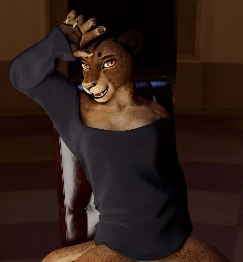 anthro athletic bottomless brown_body brown_fur claws clothed clothing female fur orange_eyes shirt solo sweatshirt topwear thirteeenth jorie_(thirteeenth) felid lion mammal pantherine 3d_(artwork) digital_media_(artwork)