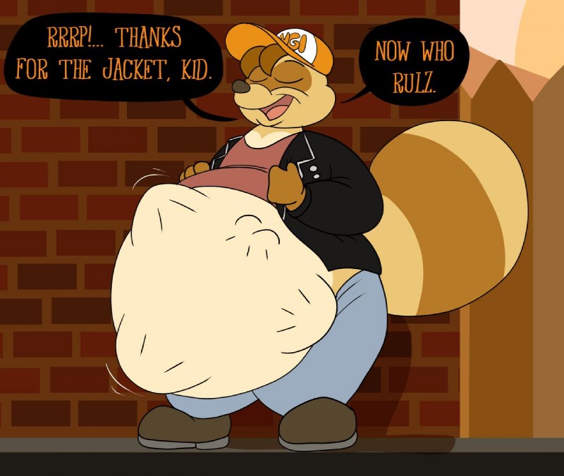 abdominal_bulge anthro clothing eyes_closed fur male male_pred obese open_mouth overweight raised_tail smile struggling tail text tongue vore nemo night_in_the_woods mammal procyonid raccoon english_text