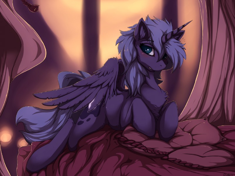 bangs bed blue_eyes blurred_background blush canopy_bed cutie_mark drapery feathered_wings feathers female feral fur furniture hair horn looking_at_viewer lying on_bed on_front pillow purple_body purple_feathers purple_fur purple_hair purple_tail solo tail wings blackfury friendship_is_magic hasbro my_little_pony mythology princess_luna_(mlp) equid equine mammal mythological_creature mythological_equine winged_unicorn 2017 4:3