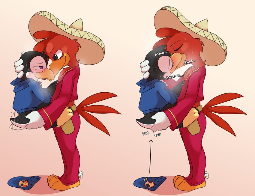 anthro beanie blush bodily_fluids bottomless butt butt_grab clothed clothing duo emoji hand_on_butt hat headgear headwear holding_partner hoodie kissing looking_at_another male male/male semi-anthro simple_background size_difference sombrero steam sweat tail tail_motion tailwag topwear miau disney the_three_caballeros levi_(miau) panchito_pistoles avian bird chicken galliform gallus_(genus) penguin phasianid digital_media_(artwork) hi_res