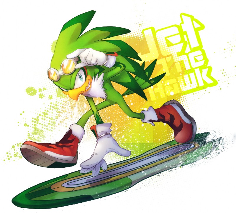 anthro beak biped blue_eyes chest_tuft clothing extreme_gear eyewear feathers footwear gloves goggles green_body green_feathers grin handwear hoverboard male shoes simple_background smile solo text tuft white_background white_body white_feathers den255 sega sonic_riders sonic_the_hedgehog_(series) jet_the_hawk accipitrid accipitriform avian bird english_text hi_res