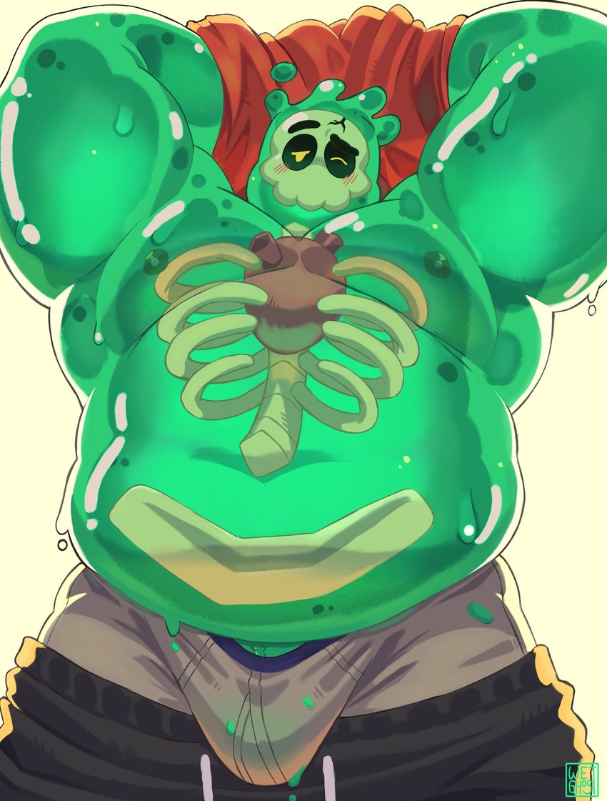 anthro areola belly biped blush bodily_fluids bone bottomwear clothing cracked_skull erection genitals green_body grey_clothing grey_underwear heart_(organ) looking_at_viewer male nipples one_eye_closed organs overweight overweight_anthro overweight_male pants penis rib_cage shirt shirt_behind_head simple_background skull slime solo sweat sweatpants topwear underwear wink winking_at_viewer wetghost doug_(monster_con) goo_creature goo_humanoid humanoid hi_res watermark