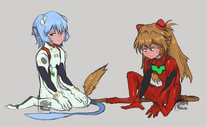 after_transformation anthro auburn_hair blue_hair bodily_fluids brown_hair duo female hair kneeling looking_down plugsuit sad sitting sweat sweatdrop sweating_profusely tail tail_tuft tuft iamespecter neon_genesis_evangelion petstuck asuka_langley_soryu rei_ayanami haplorhine mammal monkey primate colored