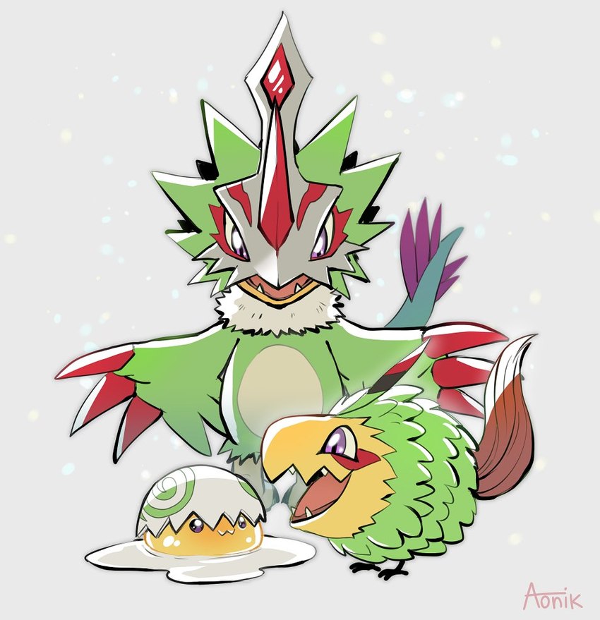 anthro baby beak egg evolutionary_family feathers feral green_body green_feathers group mask purple_eyes trio wings yolk young ribbon_tail_(artist) bandai_namco digimon digimon_liberator avian bird digimon_(species) fluffymon pteromon yolkmon
