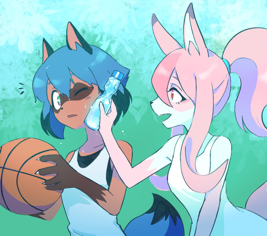 anthro ball basketball_(ball) beverage black_hair black_nose blue_body blue_eyes blue_hair brown_body brown_fur clothed clothing duo facial_markings female fingers fluffy fluffy_tail fur gloves_(marking) hair head_markings long_hair markings mask_(marking) multicolored_body multicolored_fur multicolored_hair one_eye_closed open_mouth pink_body pink_fur pink_hair ponytail shirt soda tail tank_top topwear white_body white_fur h0y0n brand_new_animal ramune studio_trigger michiru_kagemori nazuna_hiwatashi canid canine fox mammal raccoon_dog tanuki 2020