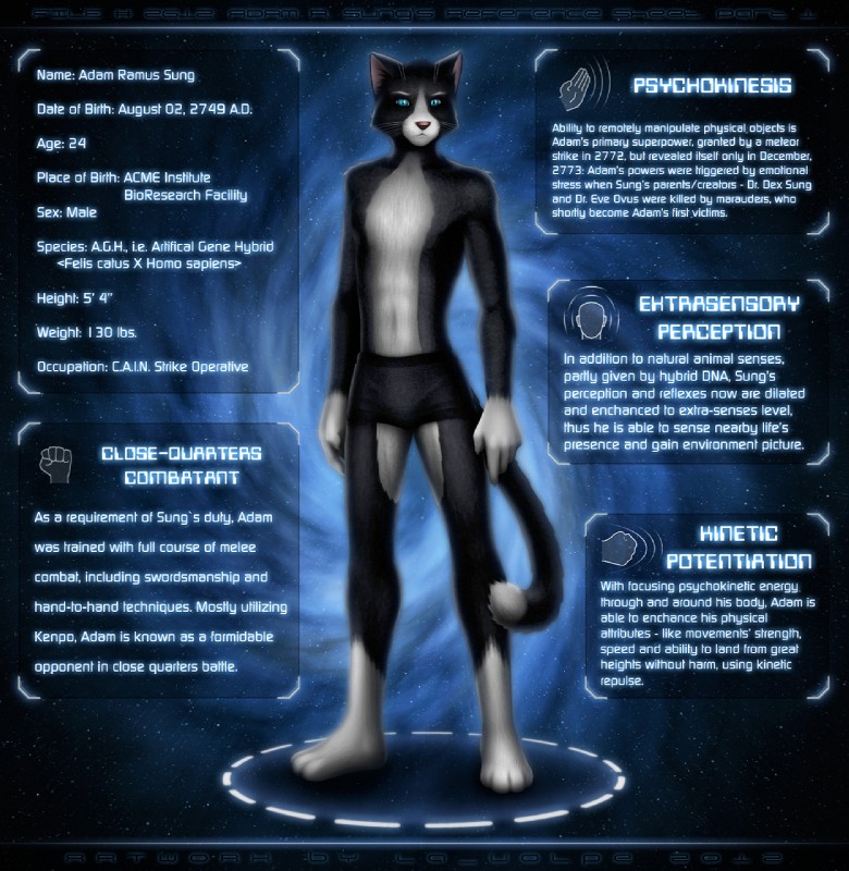 anthro black_body black_fur blue_eyes clothed clothing fur looking_at_viewer male pink_nose science_fiction skinny solo superhero superpowers text topless underwear white_body white_fur la_volpe adam_sung domestic_cat felid feline felis mammal 2012 english_text hi_res model_sheet