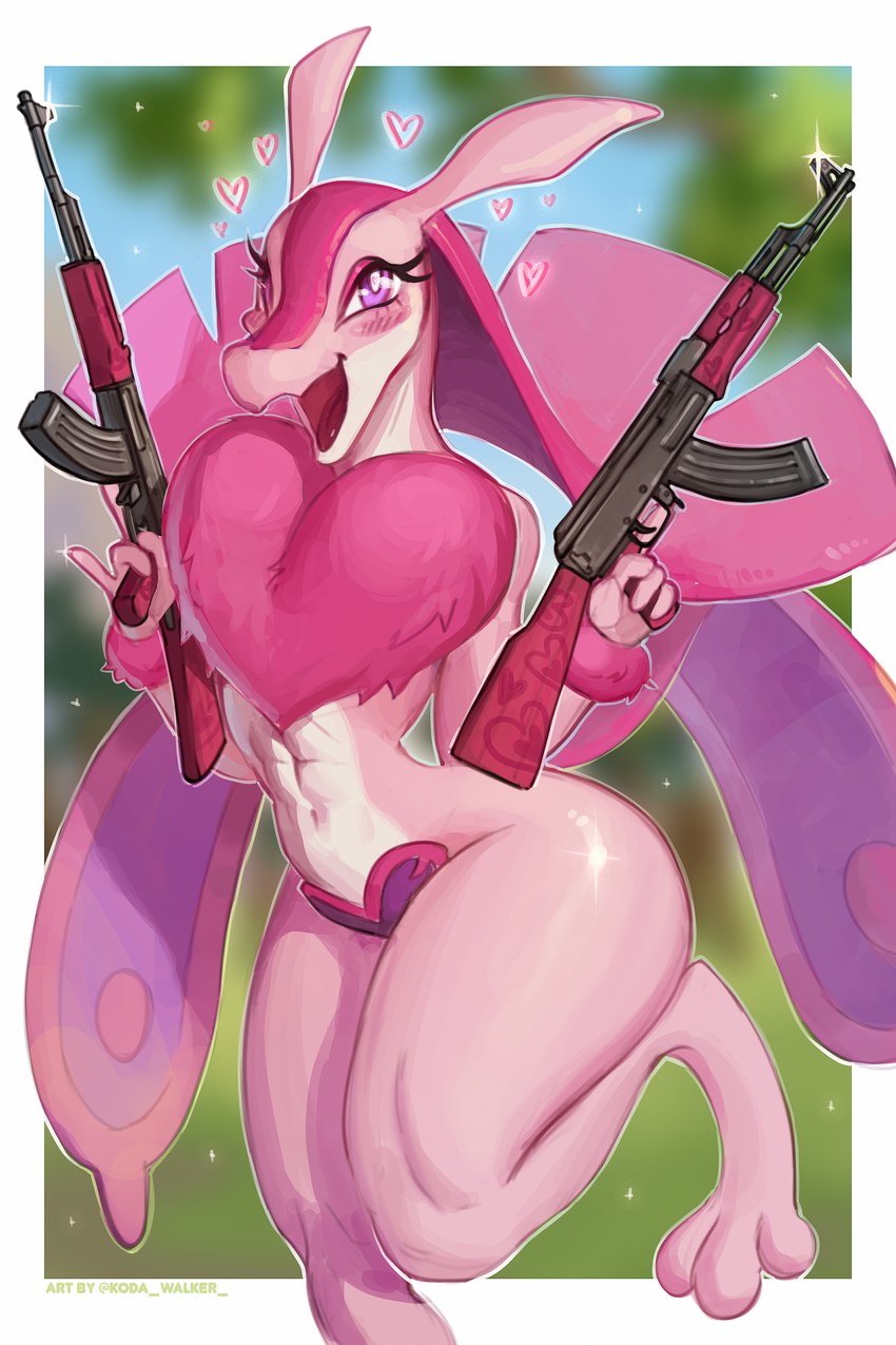 2_tails 3_toes 5_fingers abs ak-47 ak_platform anthro assault_rifle biped blue_sky blurred_background blush blush_lines border countershade_face countershade_neck countershade_torso countershading day dewlap_(anatomy) dual_wielding eyelashes feet female fingers fluffy front_view fur glint glistening glistening_eyes gun hair heart_(marking) heart_dewlap heart_pasties heart_reaction holding_object holding_weapon long_hair markings multi_tail nature nature_background on_one_leg open_mouth open_smile outline outside pasties pink_body pink_fur pink_hair pink_heart pink_tuft plant pupils purple_eyes purple_pasties purple_tail raised_finger raised_pinky ranged_weapon red_mouth red_tongue rifle sky smile solo standing straight_hair tail text thick_thighs three-quarter_view toes tongue tree trigger_discipline tuft weapon white_body white_border white_countershading white_outline white_pupils yellow_text koda_walker palworld pocketpair lovander pal_(species) scalie 2024 artist_name colored digital_media_(artwork) digital_painting_(artwork) english_text hi_res portrait three-quarter_portrait