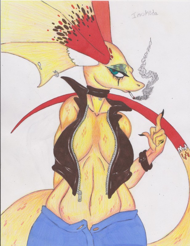 anthro breasts cigarette clothing female gesture hand_gesture jacket looking_at_viewer makeup mascara middle_finger navel non-mammal_breasts piercing running_makeup running_mascara scales simple_background smoking solo topwear zipper satinsquid_(artist) inokida_(character) agamid frilled_lizard lizard reptile scalie absurd_res hi_res