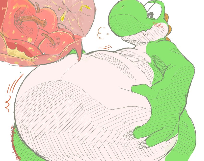 anthro belly big_belly bloated blush bodily_fluids drooling internal low-angle_view male overweight overweight_male saliva solo sabamiso_(sabamasasix) mario_bros nintendo yoshi_(character) yoshi hi_res