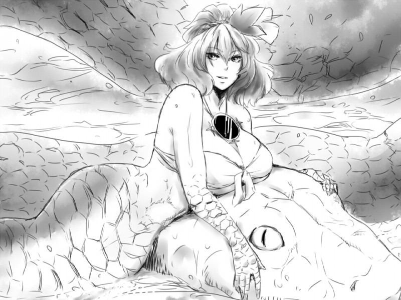 alternate_species apode big_breasts bra breasts clothing female hair legless pupils scales serpentine short_hair slit_pupils solo split_form underwear tobisawa touhou kanako_yasaka animal_humanoid draconcopode humanoid lamia reptile scalie snake 4:3 greyscale monochrome