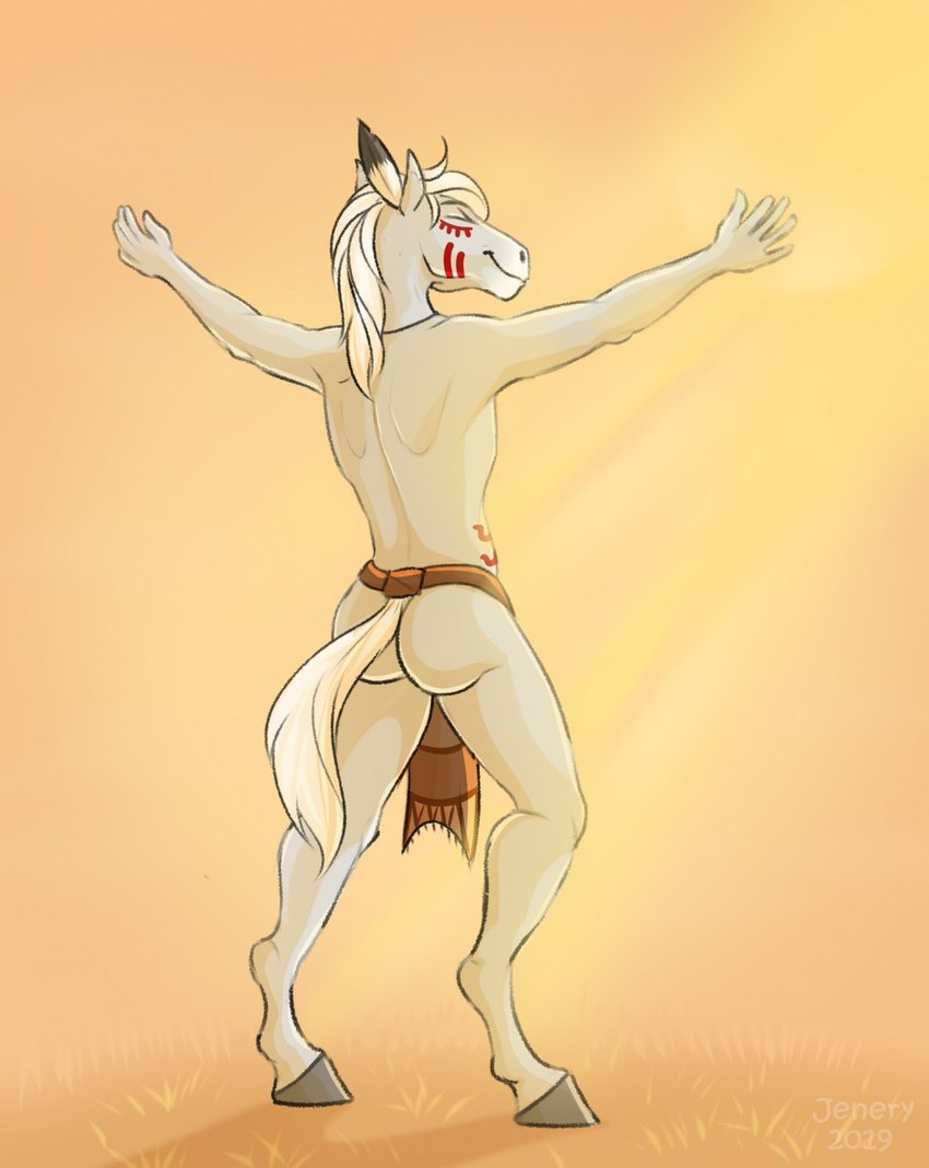 5_fingers anthro bottomwear butt clothed clothing crotch_apron eyes_closed fingers hair ineffective_clothing loincloth male markings partially_clothed simple_background smile solo spread_arms tail topless tribal tribal_markings white_body white_hair white_tail jenery tristan_(wasen) equid equine horse mammal digital_media_(artwork) hi_res