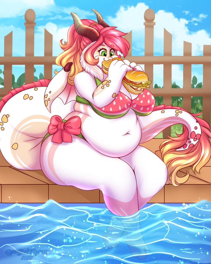 anthro belly big_belly bikini blonde_hair clothing eating female fence food grey_eyes hair holding_food holding_object holding_sandwich horn markings multicolored_hair navel outside overweight overweight_anthro overweight_female partially_submerged pink_hair pink_markings sandwich_(food) sitting solo swimwear two-piece_swimsuit two_tone_hair white_body tiggybloom mythology dragon mythological_creature mythological_scalie scalie hi_res