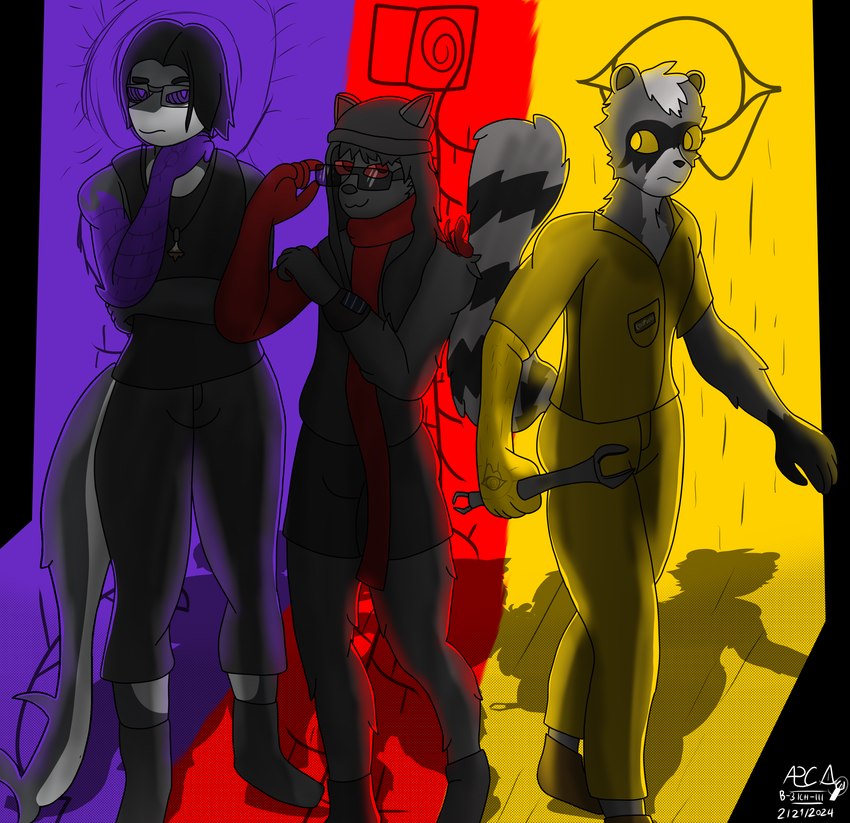 anthro beanie black_body black_fur black_hair clothed clothing eyewear fur glasses group hair hat headgear headwear jumpsuit long_hair looking_at_another looking_at_viewer male pseudo_hair purple_arms purple_eyes red_arms red_eyes shark_fin shark_tail shirt simple_background sunglasses tail tank_top tools topwear wrench yellow_arms yellow_eyes secretagentarc cooper_(secretagentarc) kiran_(secretagentarc) li_(secretagentarc) canid canine fish fox mammal marine procyonid raccoon shark 2024 absurd_res digital_drawing_(artwork) digital_media_(artwork) hi_res shaded