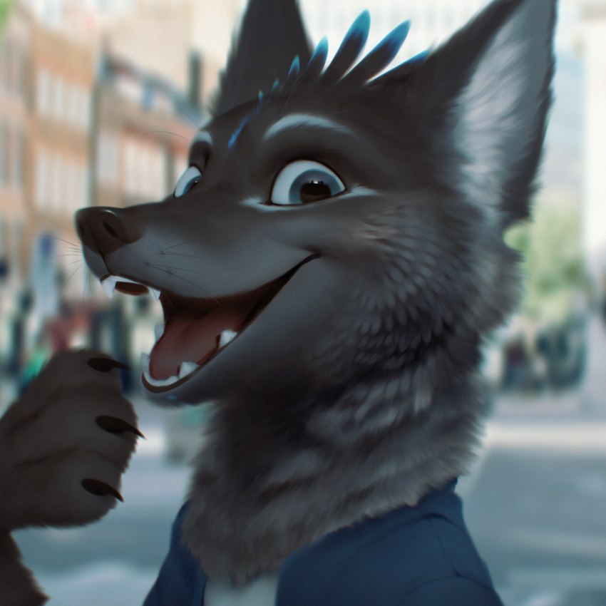 anthro blurred_background claws day green_eyes looking_at_viewer male open_mouth outside paws sky smile solo teeth tongue wayn_animation canid canine canis domestic_dog mammal 1:1 2022 adobe_photoshop_(artwork) digital_media_(artwork) hi_res