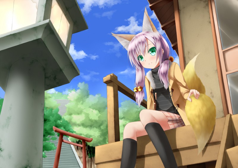 bell cloud female green_eyes hair multi_tail outside plant purple_hair sitting sky solo stairs tail torii tree sakura_yuuya animal_humanoid canid canid_humanoid canine canine_humanoid fox fox_humanoid humanoid mammal mammal_humanoid hi_res